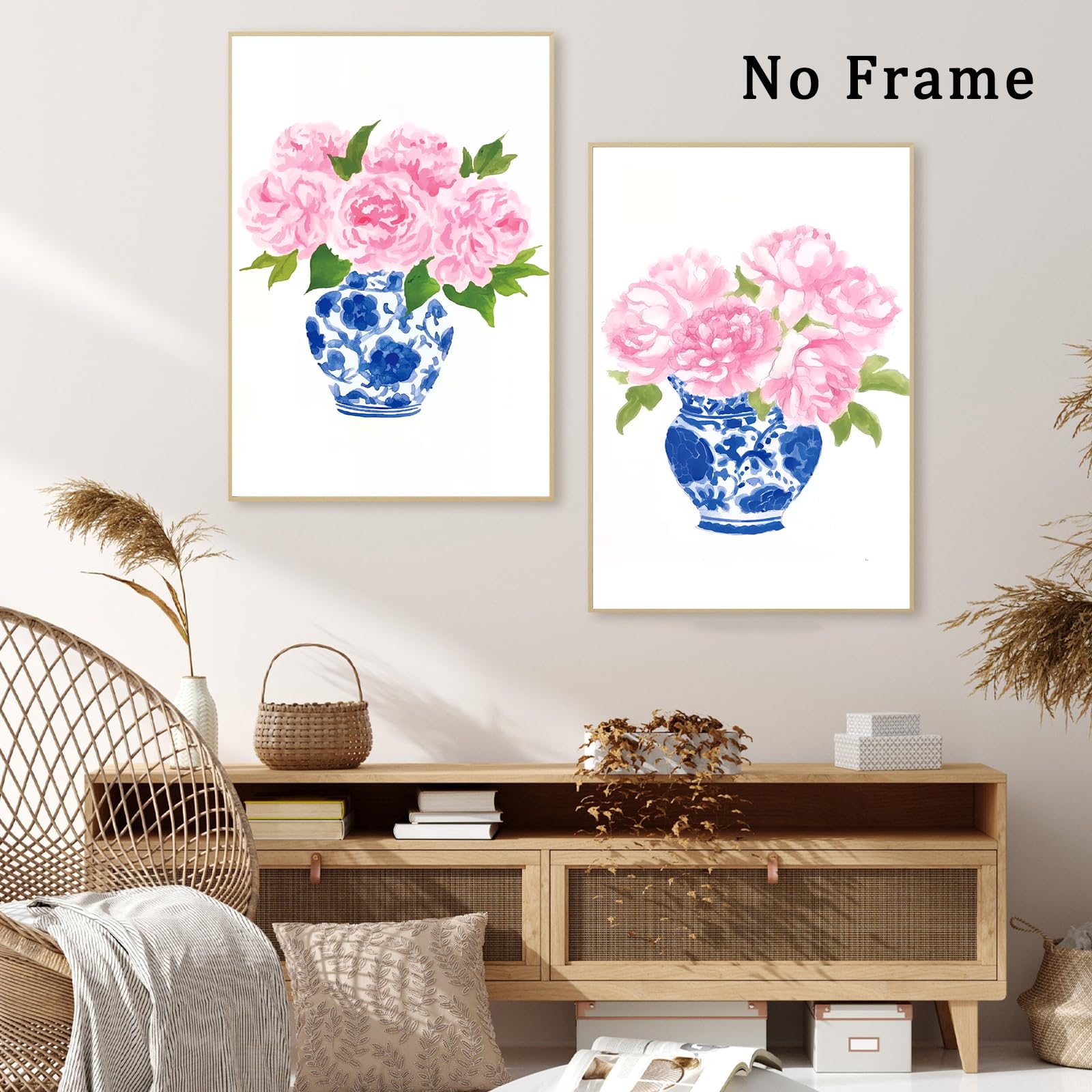 Pink Floral Watercolor Art Blue And White Vase Prints Flower In